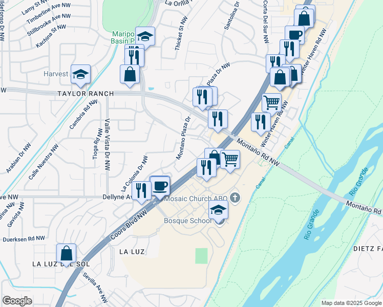 map of restaurants, bars, coffee shops, grocery stores, and more near 5601 Taylor Ranch Road Northwest in Albuquerque