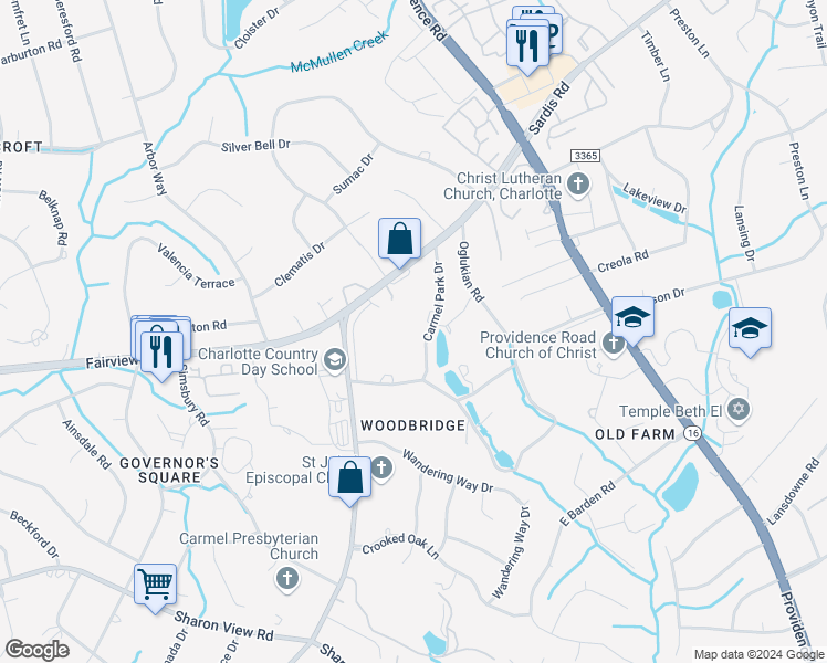map of restaurants, bars, coffee shops, grocery stores, and more near 5409 Carmel Park Drive in Charlotte