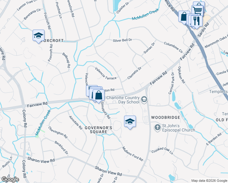 map of restaurants, bars, coffee shops, grocery stores, and more near 8009 Fairview Road in Charlotte