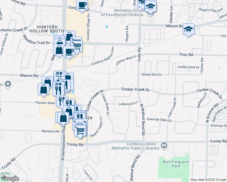 map of restaurants, bars, coffee shops, grocery stores, and more near 8244 Weatherwood Lane in Memphis