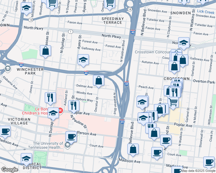 map of restaurants, bars, coffee shops, grocery stores, and more near 1081 Delmar Avenue in Memphis
