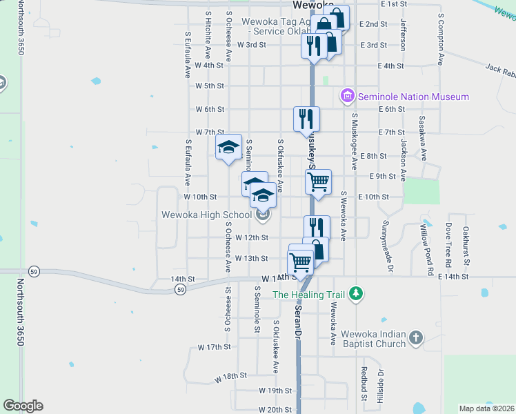 map of restaurants, bars, coffee shops, grocery stores, and more near 1000-1098 South Seminole Avenue in Wewoka