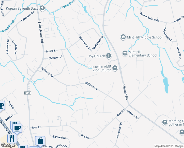 map of restaurants, bars, coffee shops, grocery stores, and more near 2819 Cedar Chase Drive in Matthews
