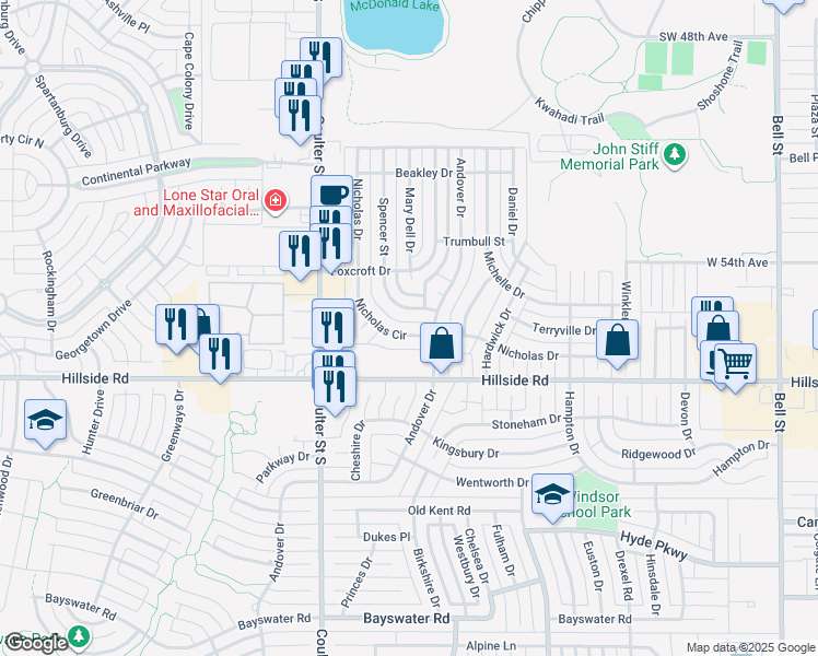 map of restaurants, bars, coffee shops, grocery stores, and more near 5836 Nicholas Drive in Amarillo