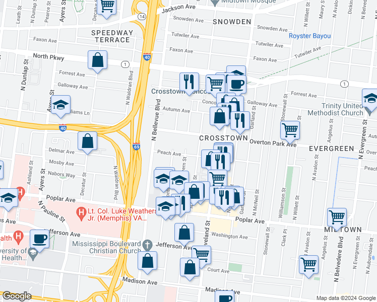 map of restaurants, bars, coffee shops, grocery stores, and more near 346 Malvern Street in Memphis