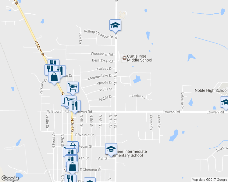map of restaurants, bars, coffee shops, grocery stores, and more near 704 Willis Street in Noble