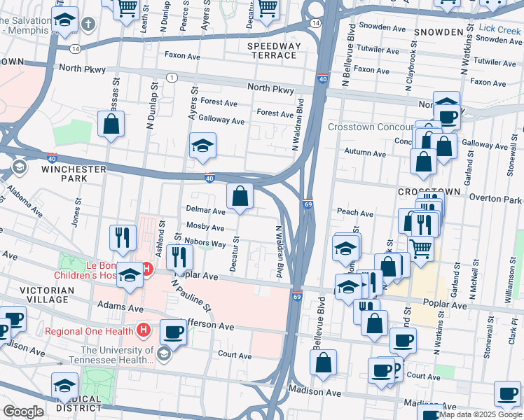 map of restaurants, bars, coffee shops, grocery stores, and more near 1081 Delmar Avenue in Memphis