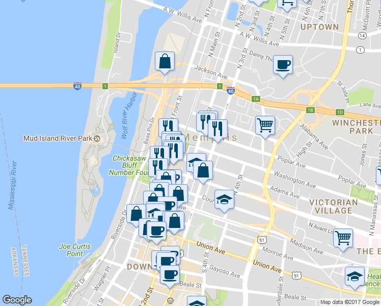 map of restaurants, bars, coffee shops, grocery stores, and more near 118 Adams Avenue in Memphis