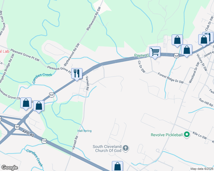map of restaurants, bars, coffee shops, grocery stores, and more near 138 Rock Hill Rd SW in Cleveland