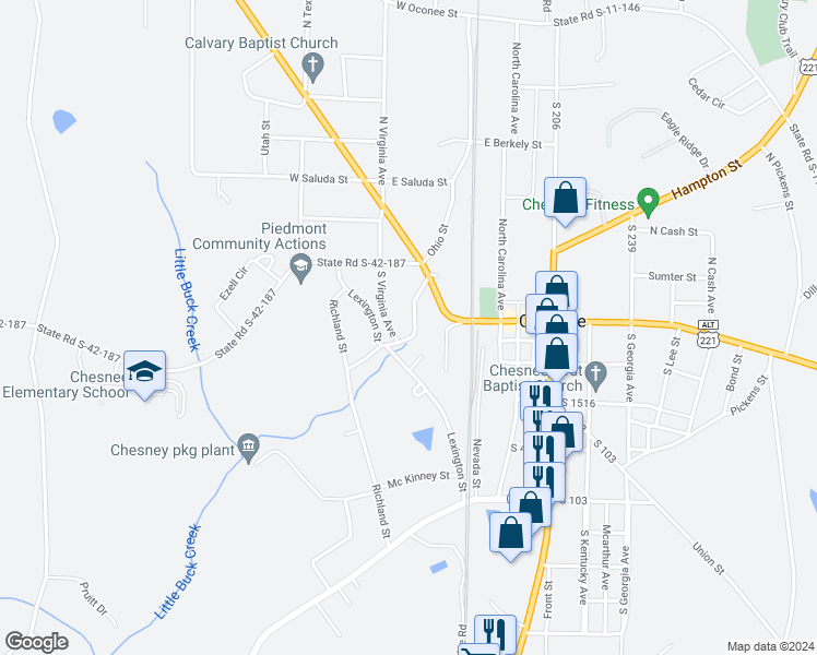 map of restaurants, bars, coffee shops, grocery stores, and more near 112 California Avenue in Chesnee
