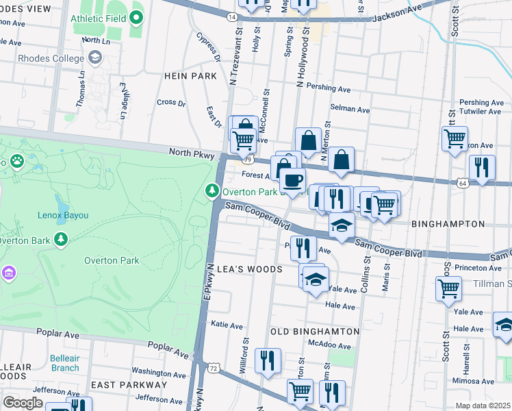 map of restaurants, bars, coffee shops, grocery stores, and more near 1881 Broad Avenue in Memphis