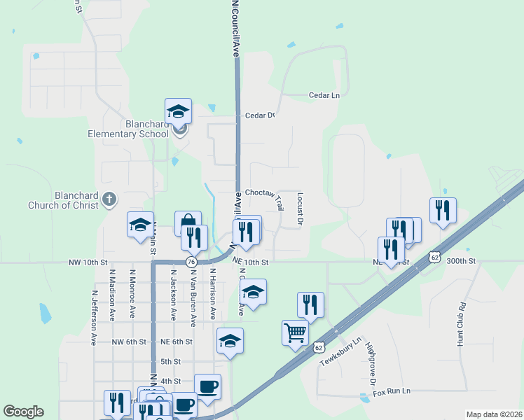 map of restaurants, bars, coffee shops, grocery stores, and more near 612 Sycamore Court in Blanchard