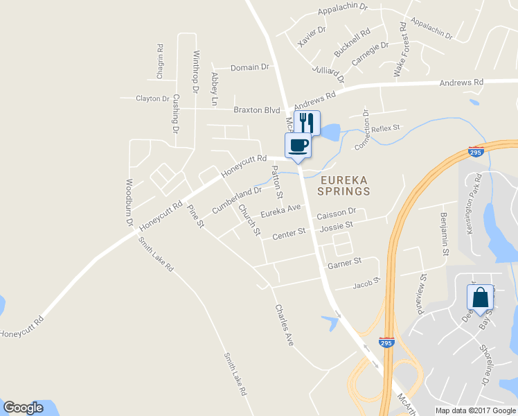 map of restaurants, bars, coffee shops, grocery stores, and more near 1578 Eureka Avenue in Fayetteville