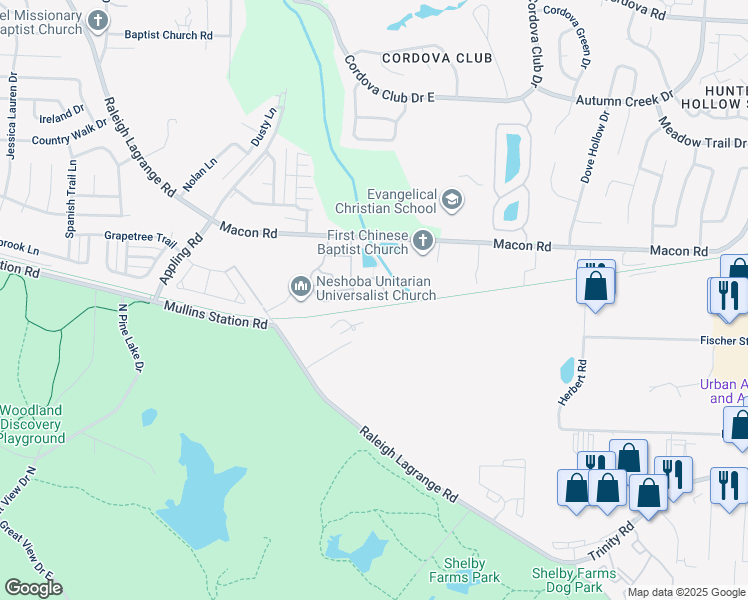 map of restaurants, bars, coffee shops, grocery stores, and more near 7489 Dal Whinnie Trail in Memphis