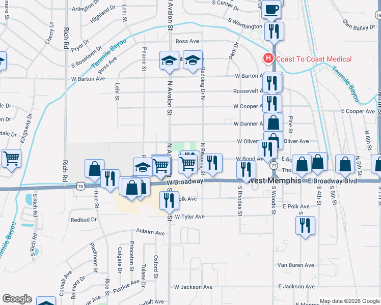 map of restaurants, bars, coffee shops, grocery stores, and more near 312 West Bond Avenue in West Memphis
