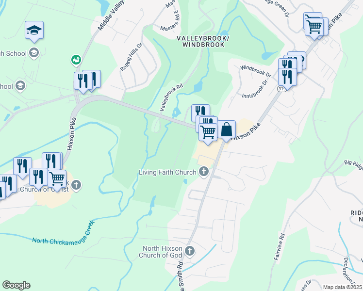 map of restaurants, bars, coffee shops, grocery stores, and more near 150 Templeton Lane in Chattanooga