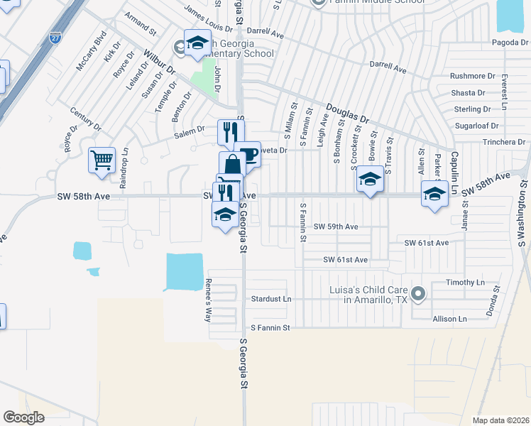 map of restaurants, bars, coffee shops, grocery stores, and more near 5812 South Rusk Street in Amarillo