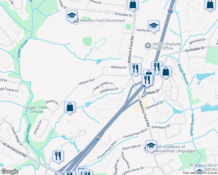 map of restaurants, bars, coffee shops, grocery stores, and more near in Charlotte