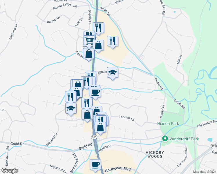 map of restaurants, bars, coffee shops, grocery stores, and more near 1158 Towne Hills Drive in Chattanooga