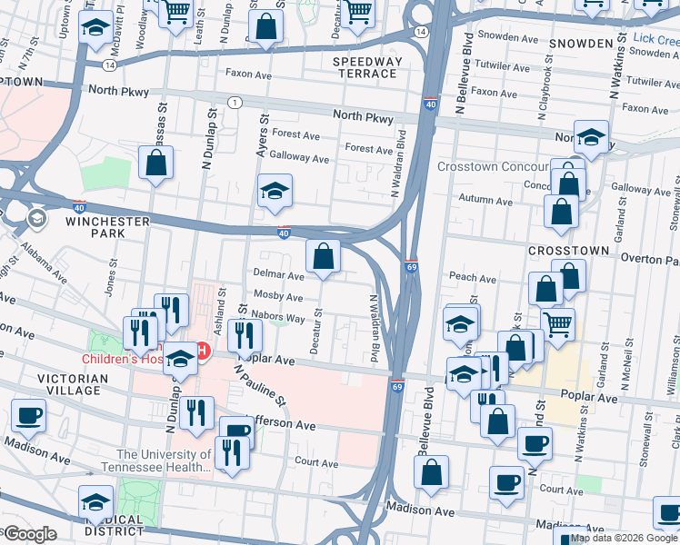 map of restaurants, bars, coffee shops, grocery stores, and more near 1039 Delmar Avenue in Memphis