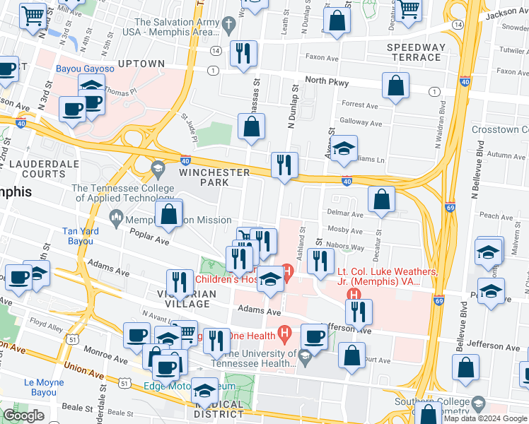 map of restaurants, bars, coffee shops, grocery stores, and more near 278 Leath Street in Memphis