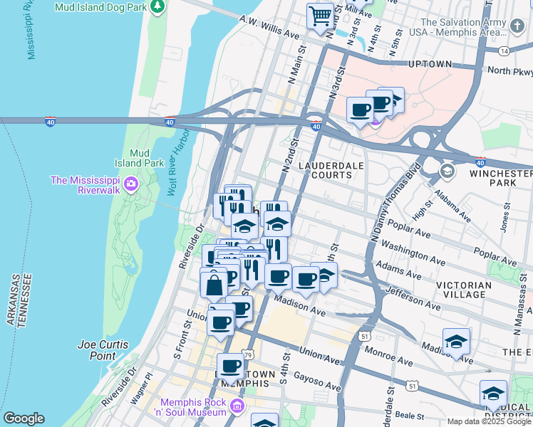 map of restaurants, bars, coffee shops, grocery stores, and more near 118 Adams Avenue in Memphis