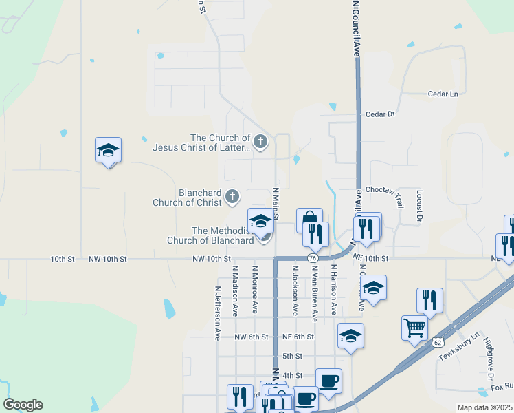 map of restaurants, bars, coffee shops, grocery stores, and more near 201 High Point Court in Blanchard