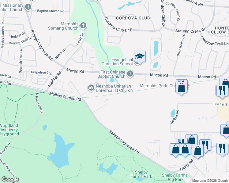 map of restaurants, bars, coffee shops, grocery stores, and more near 7469 Dal Whinnie Trail in Memphis