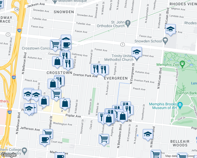 map of restaurants, bars, coffee shops, grocery stores, and more near 1568 Lake Place in Memphis