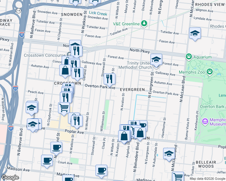 map of restaurants, bars, coffee shops, grocery stores, and more near 378 North Willett Street in Memphis