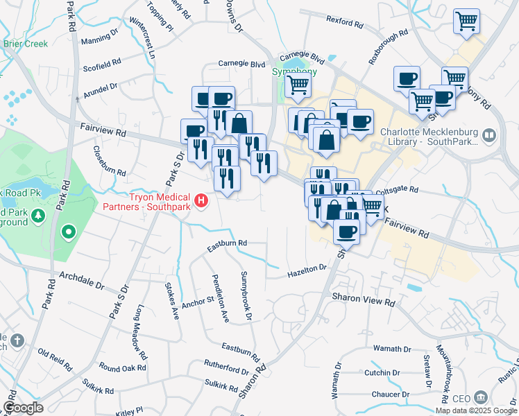 map of restaurants, bars, coffee shops, grocery stores, and more near 4705 Barclay Downs Drive in Charlotte