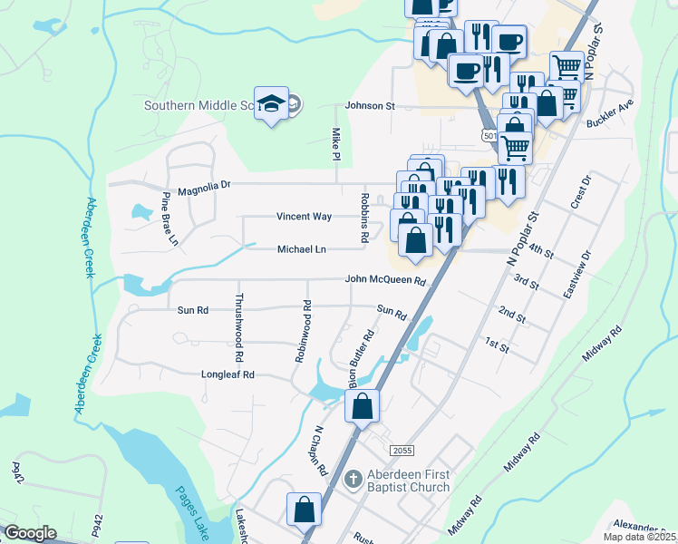 map of restaurants, bars, coffee shops, grocery stores, and more near 400 John McQueen Road in Aberdeen