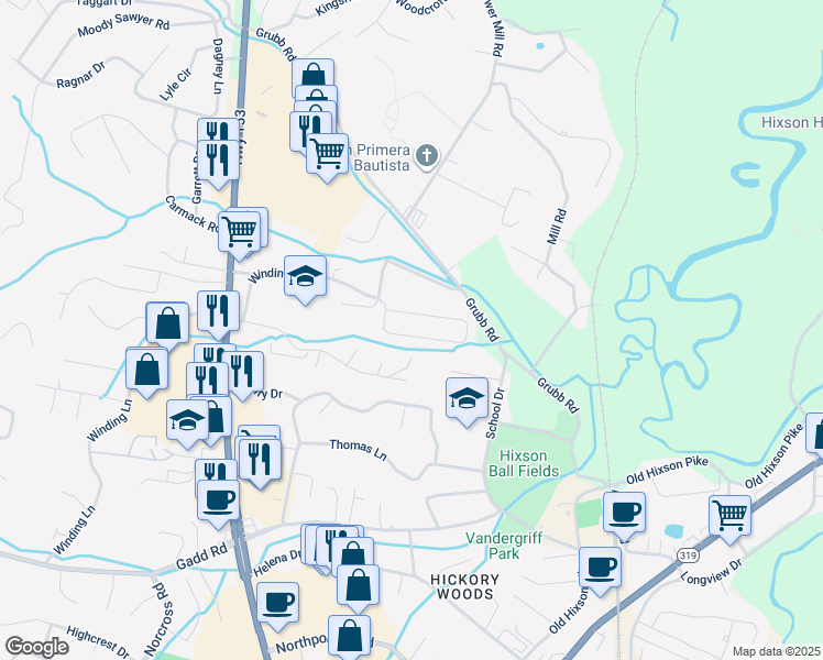map of restaurants, bars, coffee shops, grocery stores, and more near 1690 Chase Meadows Circle in Chattanooga