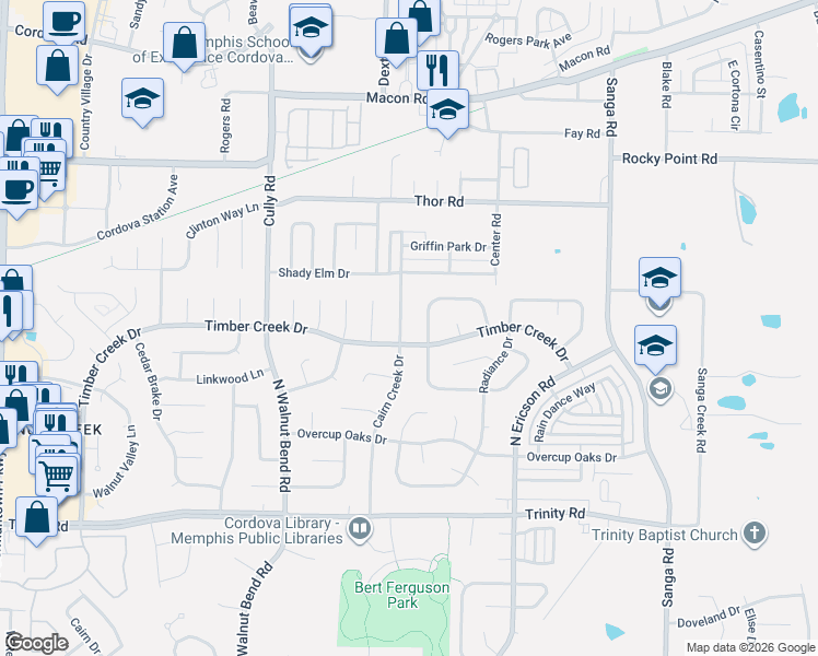 map of restaurants, bars, coffee shops, grocery stores, and more near 822 Cairn Creek Drive in Memphis