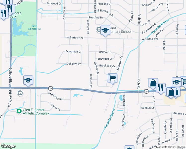 map of restaurants, bars, coffee shops, grocery stores, and more near 200 Windsor Drive in West Memphis