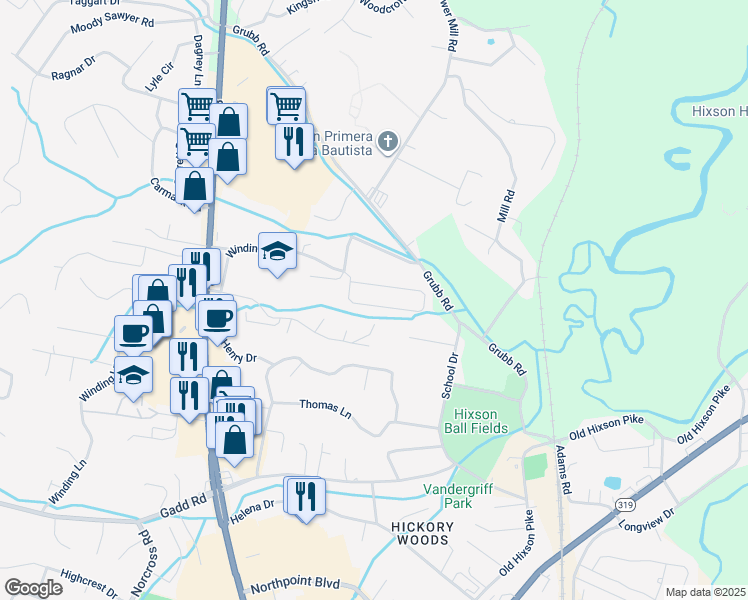map of restaurants, bars, coffee shops, grocery stores, and more near 1690 Chase Meadows Circle in Chattanooga
