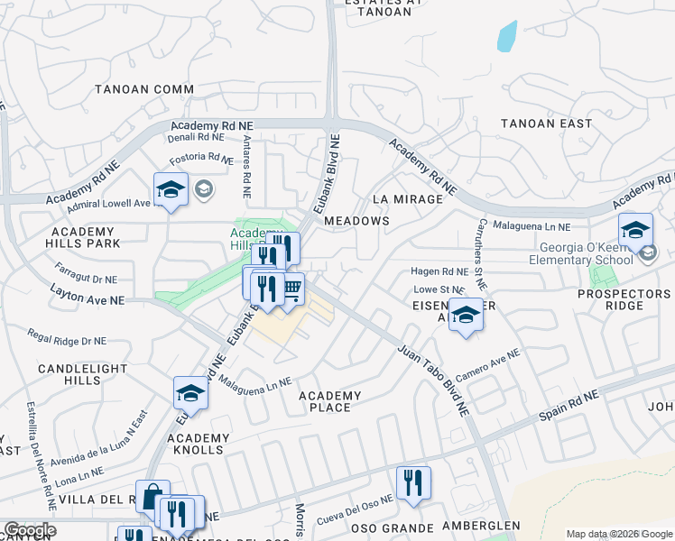 map of restaurants, bars, coffee shops, grocery stores, and more near 6200 Antigua Street Northeast in Albuquerque