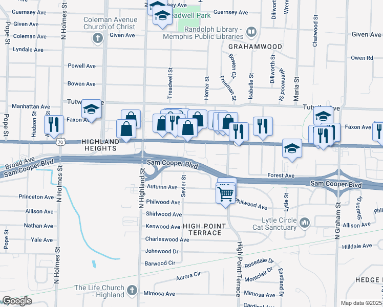 map of restaurants, bars, coffee shops, grocery stores, and more near 3614 Forrest Avenue in Memphis