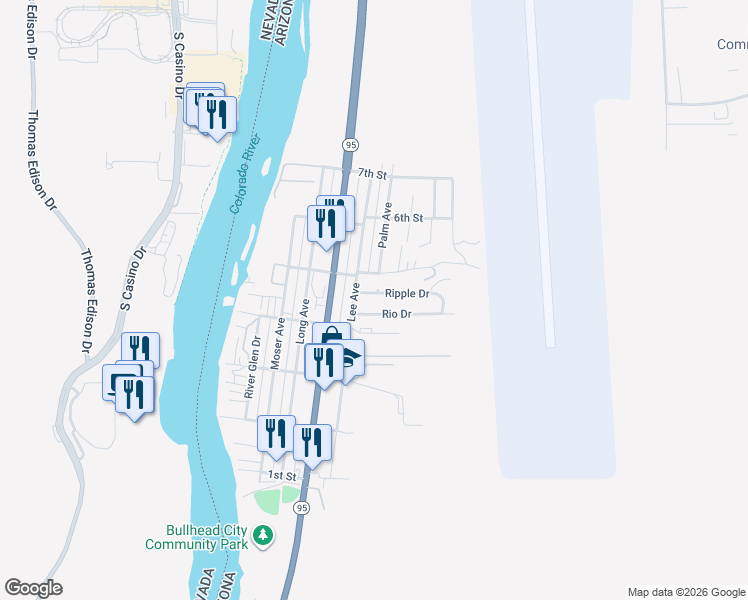 map of restaurants, bars, coffee shops, grocery stores, and more near 2376 Rio Drive in Bullhead City