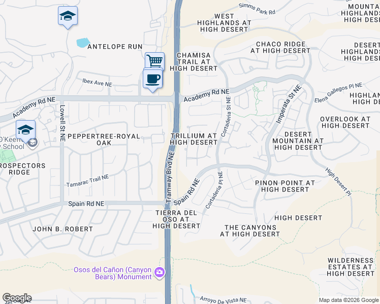 map of restaurants, bars, coffee shops, grocery stores, and more near 5908 Wildflower Trail Northeast in Albuquerque