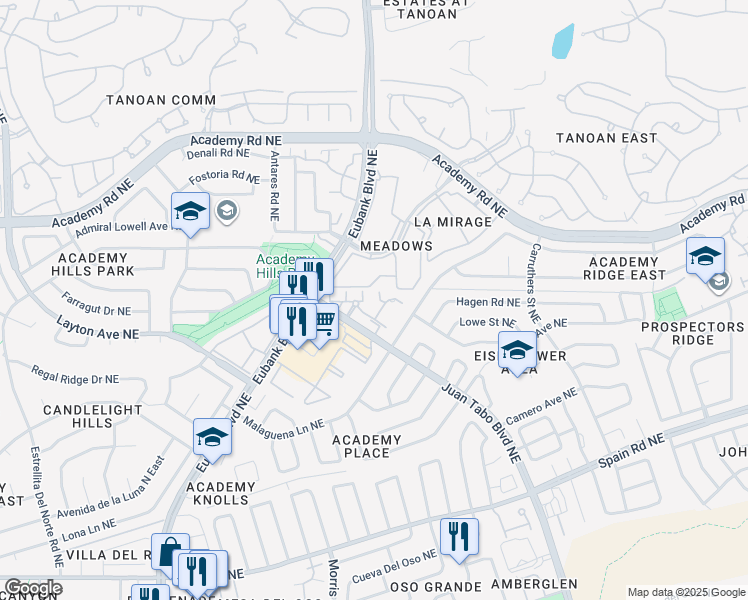 map of restaurants, bars, coffee shops, grocery stores, and more near 6200 Antigua Street Northeast in Albuquerque