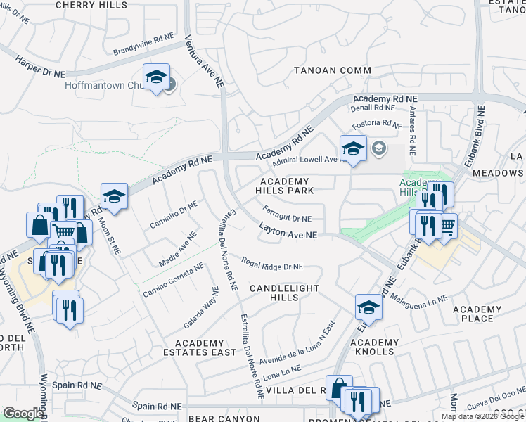 map of restaurants, bars, coffee shops, grocery stores, and more near 9305 Layton Avenue Northeast in Albuquerque