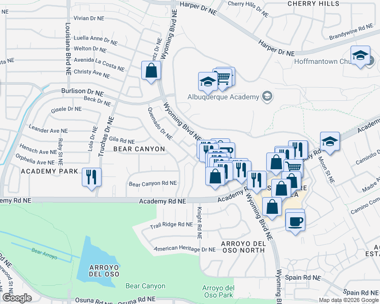 map of restaurants, bars, coffee shops, grocery stores, and more near 5927 Quemado Drive Northeast in Albuquerque