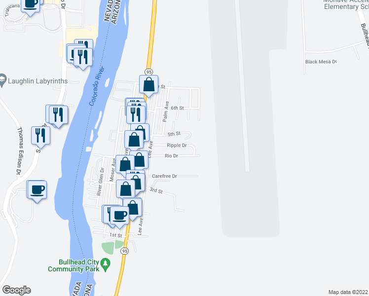 map of restaurants, bars, coffee shops, grocery stores, and more near 2454 Ripple Drive in Bullhead City