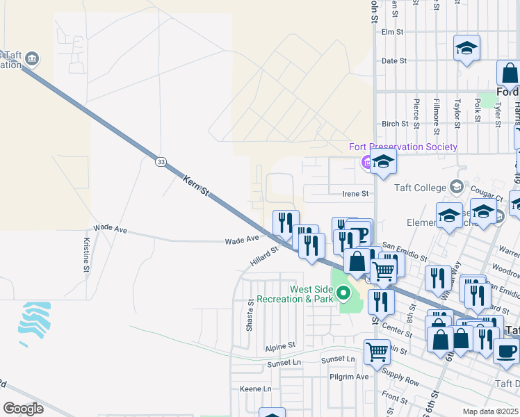 map of restaurants, bars, coffee shops, grocery stores, and more near Continental Road in Taft