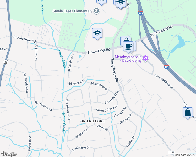 map of restaurants, bars, coffee shops, grocery stores, and more near 12011 Meadhaven Drive in Charlotte