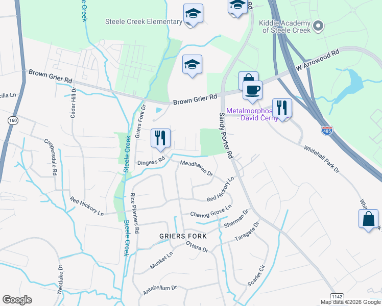 map of restaurants, bars, coffee shops, grocery stores, and more near 12011 Meadhaven Drive in Charlotte