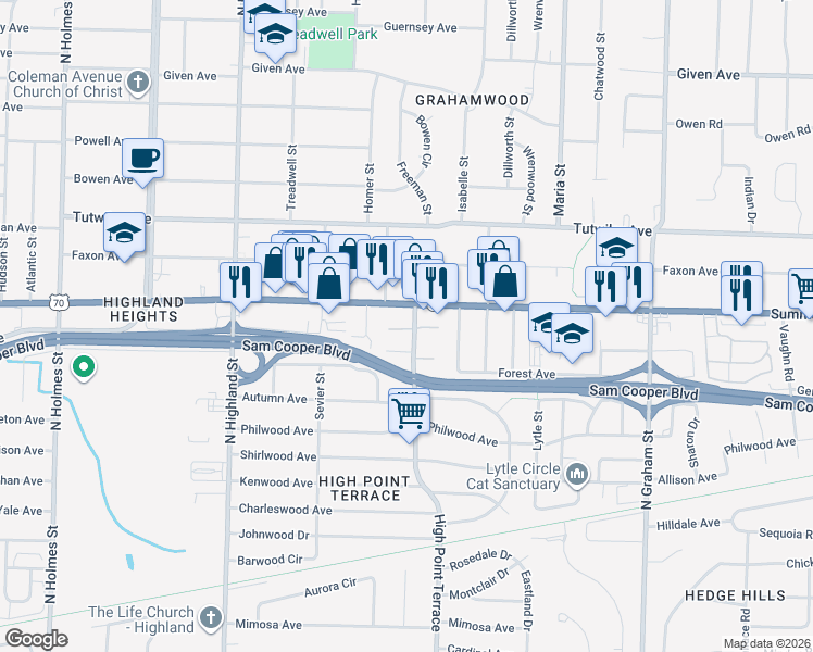 map of restaurants, bars, coffee shops, grocery stores, and more near 594 High Point Terrace in Memphis