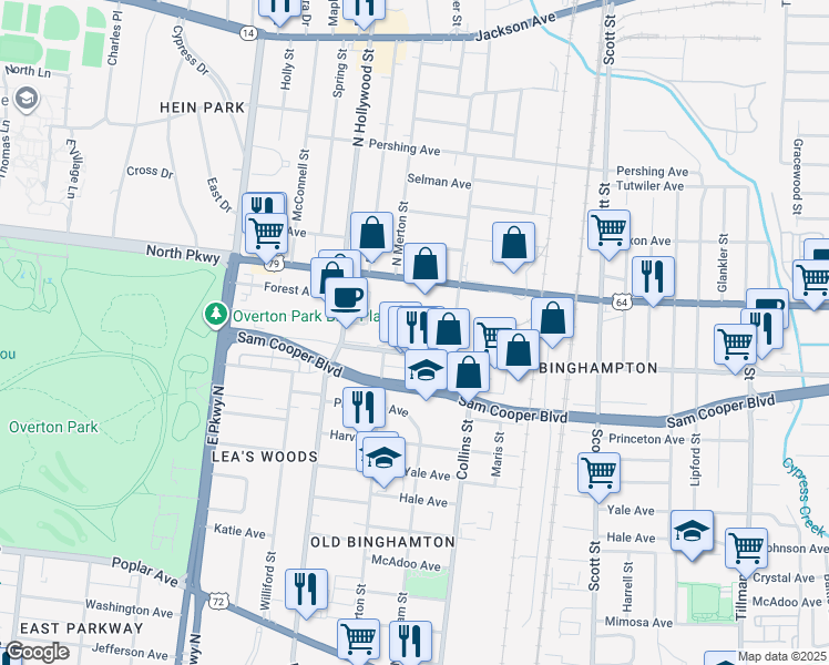 map of restaurants, bars, coffee shops, grocery stores, and more near 2545 Broad Avenue in Memphis