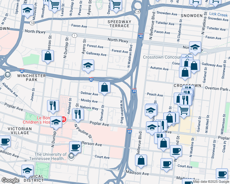 map of restaurants, bars, coffee shops, grocery stores, and more near 1081 Delmar Avenue in Memphis